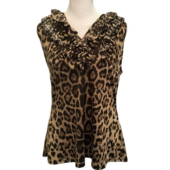 Milano Womens Size Medium Sleeveless Blouse V-Neck Ruffles Animal Print - Picture 1 of 8